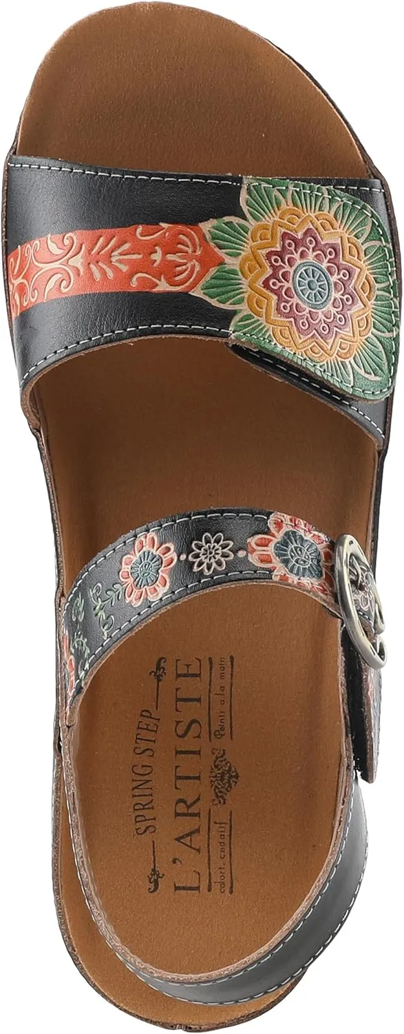L'Artiste Women's ROSHNI Slingback Sandals – Hand-Painted Leather Floral Wedge with Adjustable Comfort Straps
