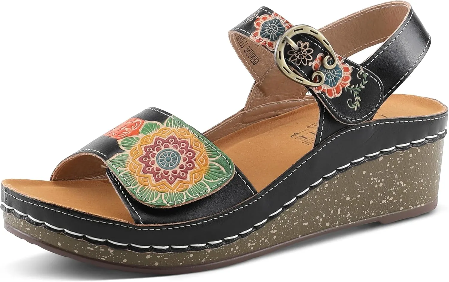 L'Artiste Women's ROSHNI Slingback Sandals – Hand-Painted Leather Floral Wedge with Adjustable Comfort Straps