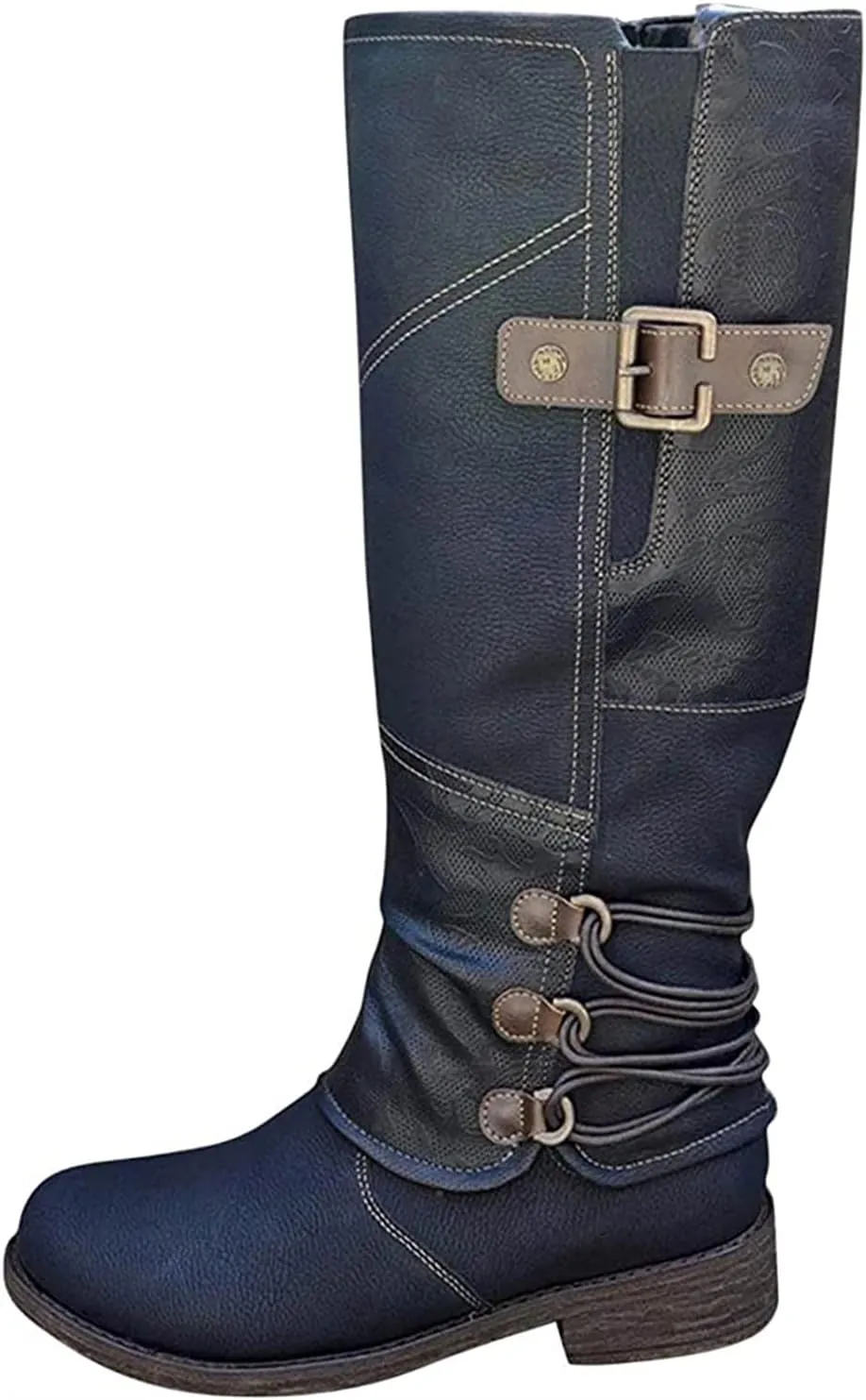 Lausiuoe Boots For Women Low Heel Mid Calf Slouchy Side Zip Flat Booties Wide Calf Western Cowboy Winter Non Slip Outdoor Shoes
