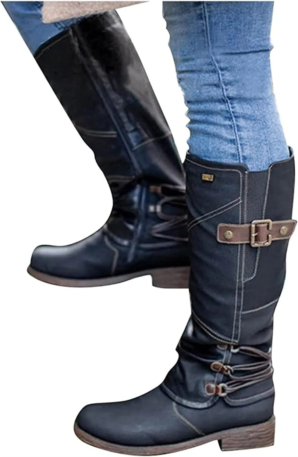 Lausiuoe Boots For Women Low Heel Mid Calf Slouchy Side Zip Flat Booties Wide Calf Western Cowboy Winter Non Slip Outdoor Shoes