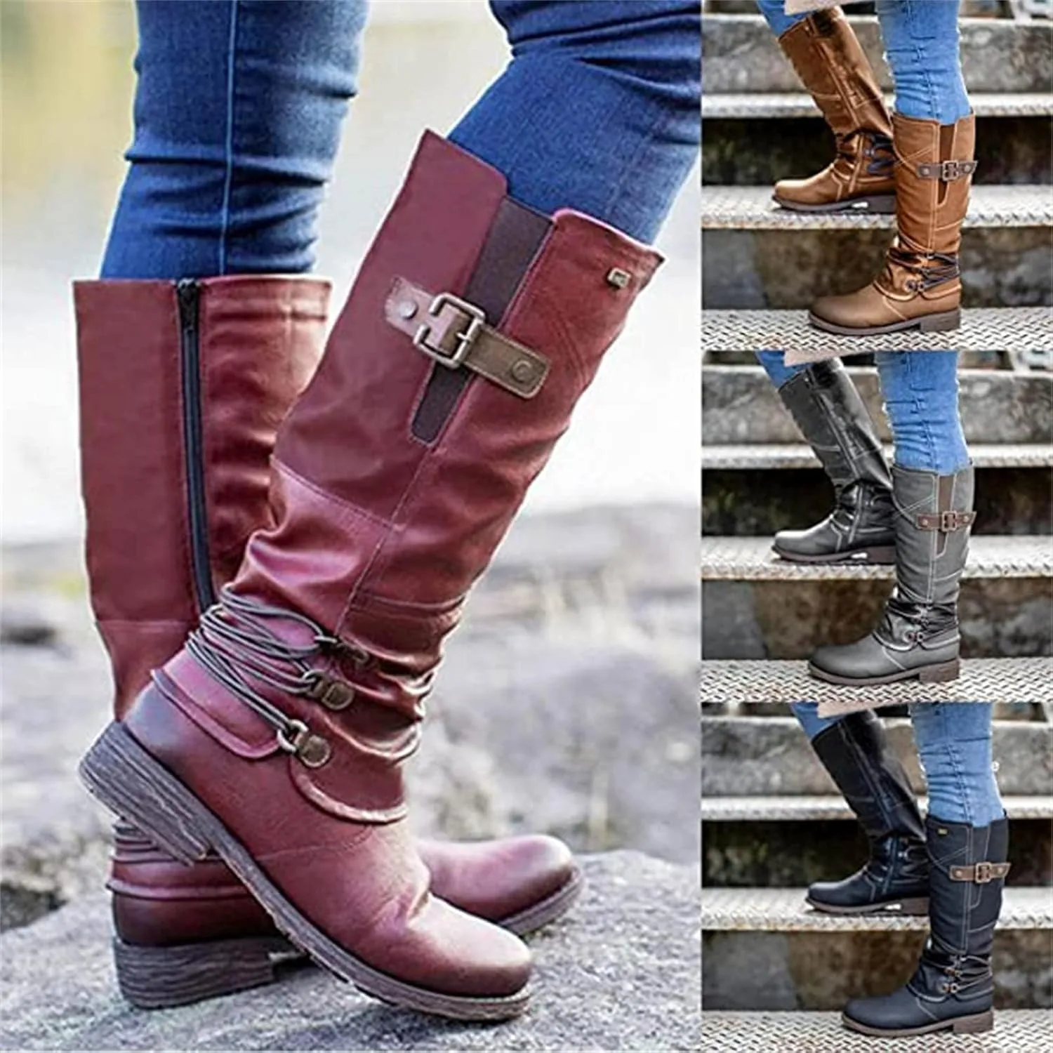 Lausiuoe Boots For Women Low Heel Mid Calf Slouchy Side Zip Flat Booties Wide Calf Western Cowboy Winter Non Slip Outdoor Shoes