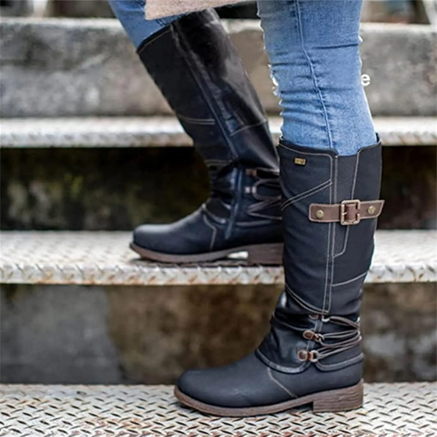 Lausiuoe Boots For Women Low Heel Mid Calf Slouchy Side Zip Flat Booties Wide Calf Western Cowboy Winter Non Slip Outdoor Shoes