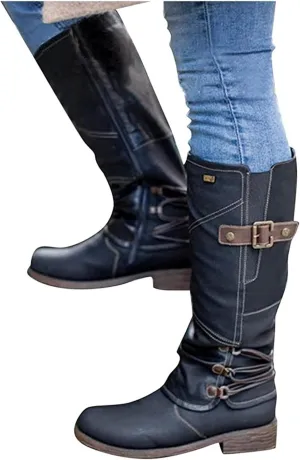 Lausiuoe Boots For Women Low Heel Mid Calf Slouchy Side Zip Flat Booties Wide Calf Western Cowboy Winter Non Slip Outdoor Shoes