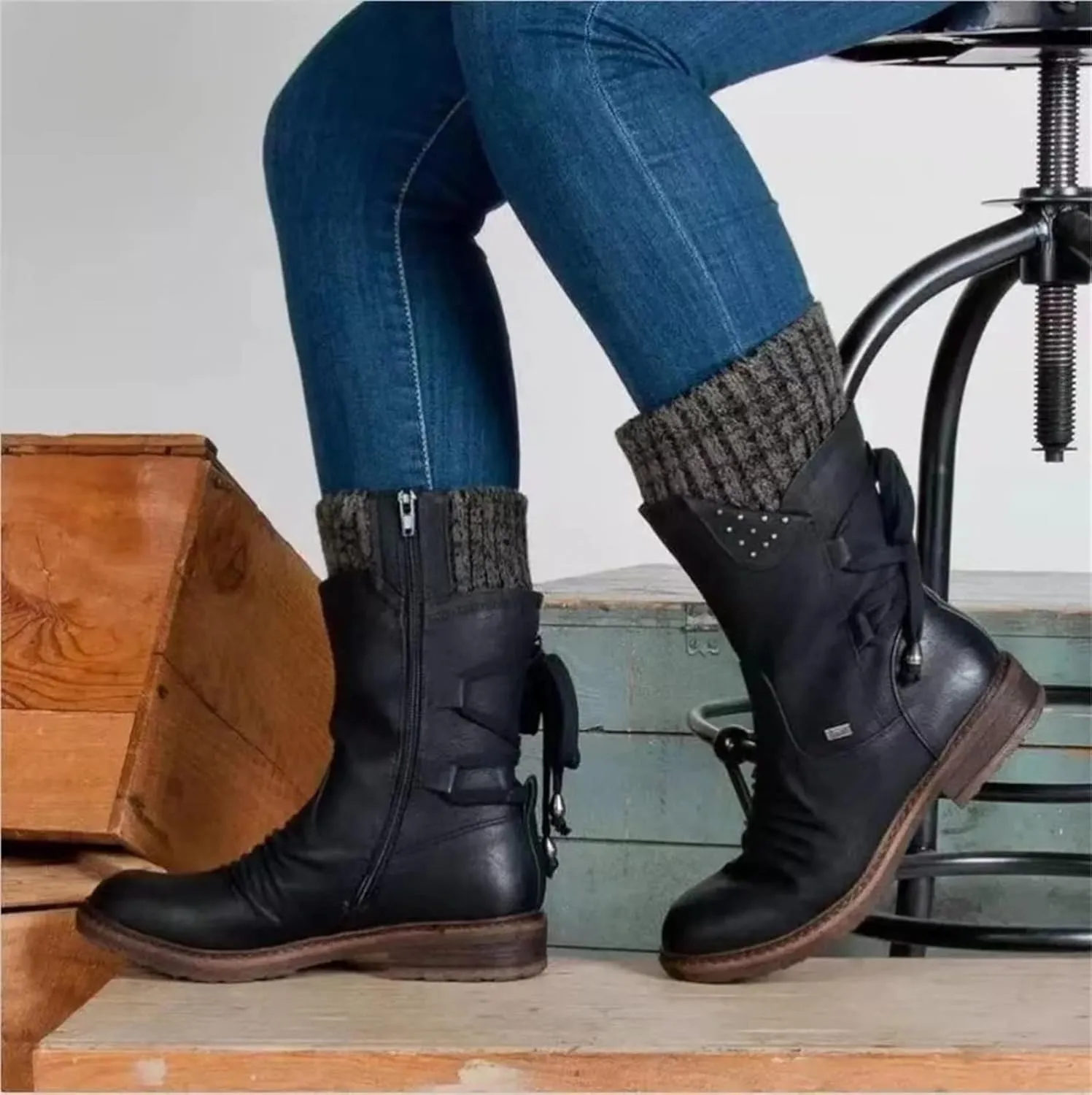 Lausiuoe Boots For Women Low Heel Sexy Winter Western Cowboy Boots Knee High Cowgirl Style Wide calf Fashion Snow Boots