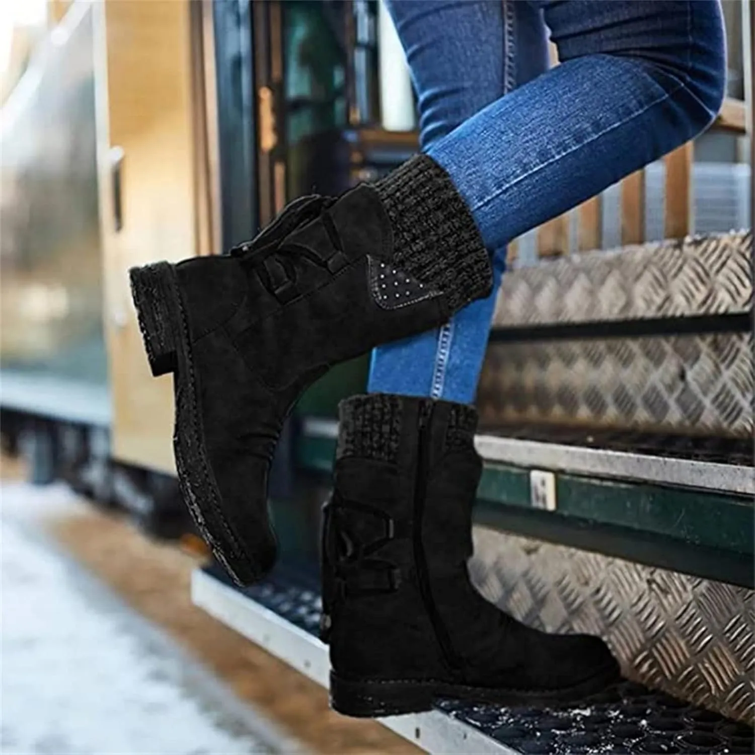 Lausiuoe Boots For Women Low Heel Sexy Winter Western Cowboy Boots Knee High Cowgirl Style Wide calf Fashion Snow Boots
