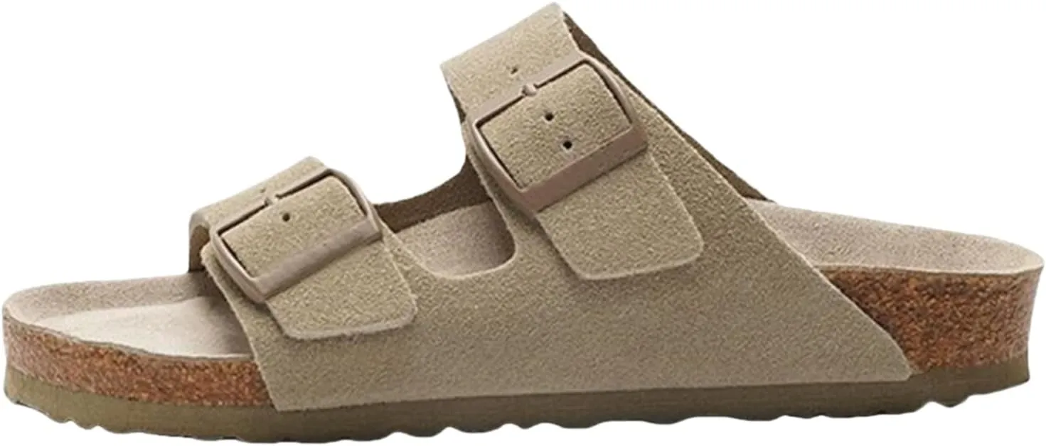 Leather Sandals for Women - Suede Buckle Summer Slides, Comfortable Beach Vacation Sandals, Flat Cushionaire Clogs & Slip on for Women