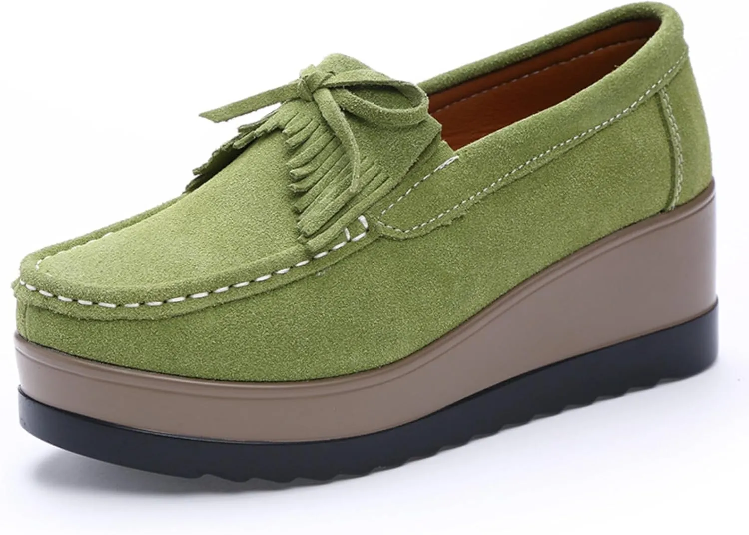 Lefu Women's Tassel Suede Wedge Shoes with Arch Support, Wide Low Cut Casual Shoes