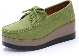 Lefu Women's Tassel Suede Wedge Shoes with Arch Support, Wide Low Cut Casual Shoes