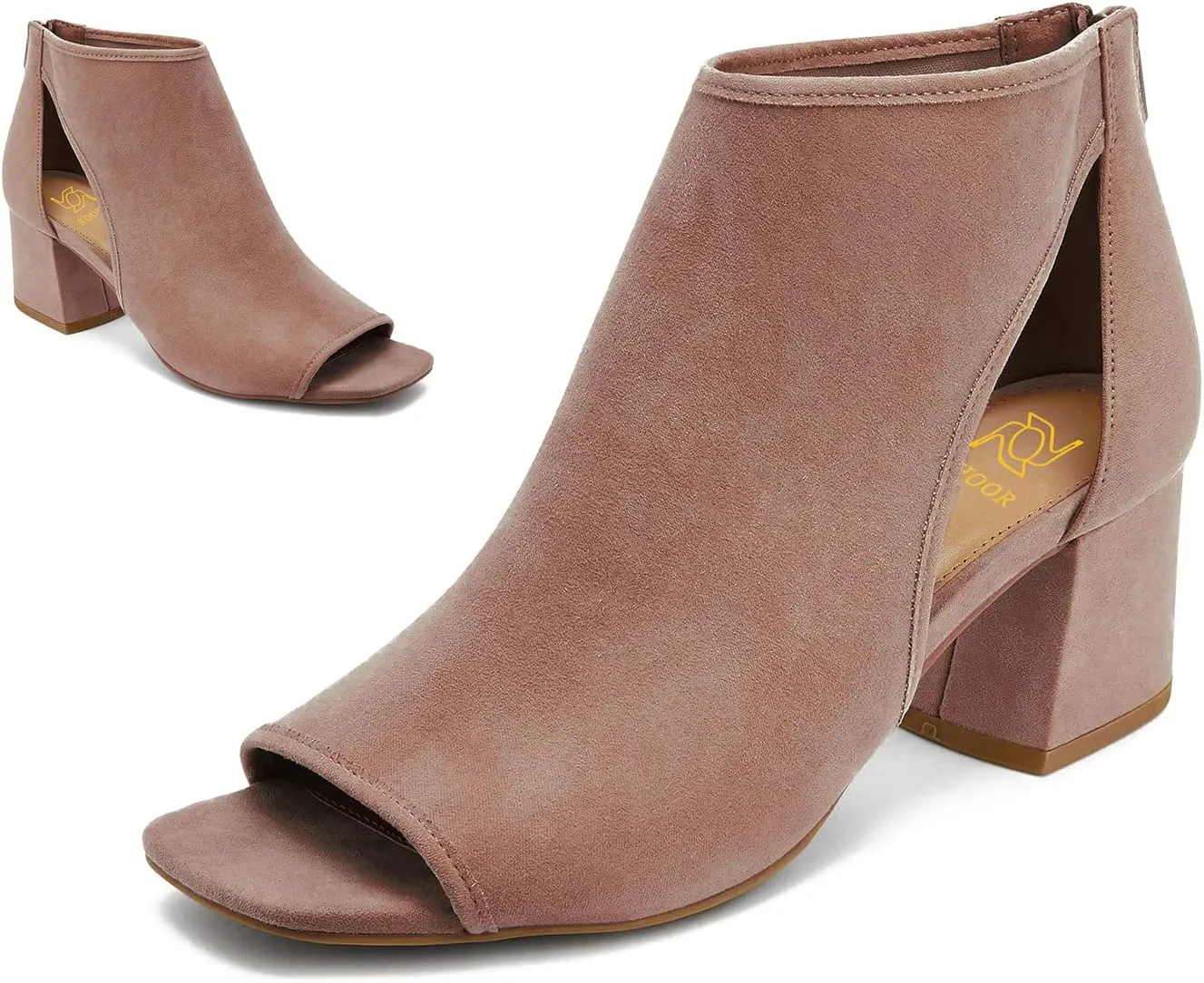 LEHOOR Women Chunky High Heel Booties Suede Open Toe Side Cut-Out Ankle Boots Back Zipper Suede 2” Block Stacked Heel Summer Casual Dress Heeled Ankle Sandal Booties Retro Suede Beige Size 8.5