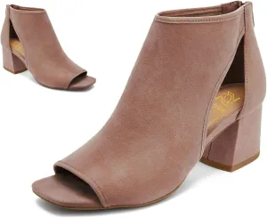 LEHOOR Women Chunky High Heel Booties Suede Open Toe Side Cut-Out Ankle Boots Back Zipper Suede 2” Block Stacked Heel Summer Casual Dress Heeled Ankle Sandal Booties Retro Suede Beige Size 8.5