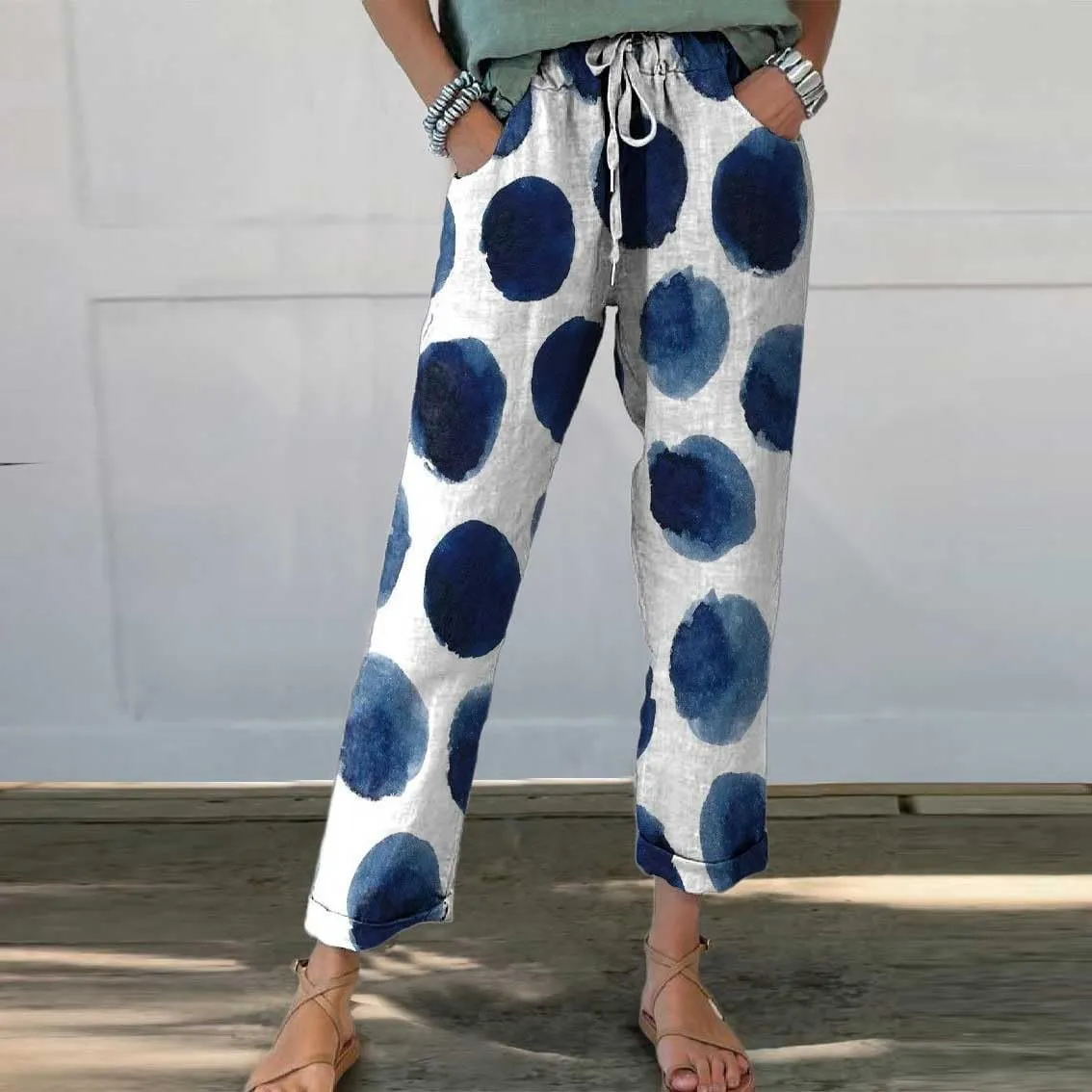Linen Clothes for Women Beachwear for Women Autumn Linen Print Casual Pants Features: High Linen Pants for Women