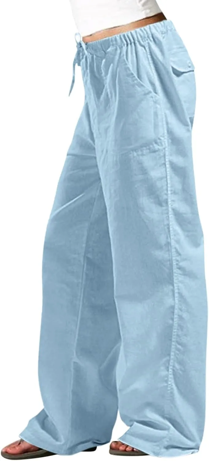Linen Summer Pants Women Casual Elastic High Waisted Wide Leg Loose Comfy Trousers with Pockets Linen Clothing