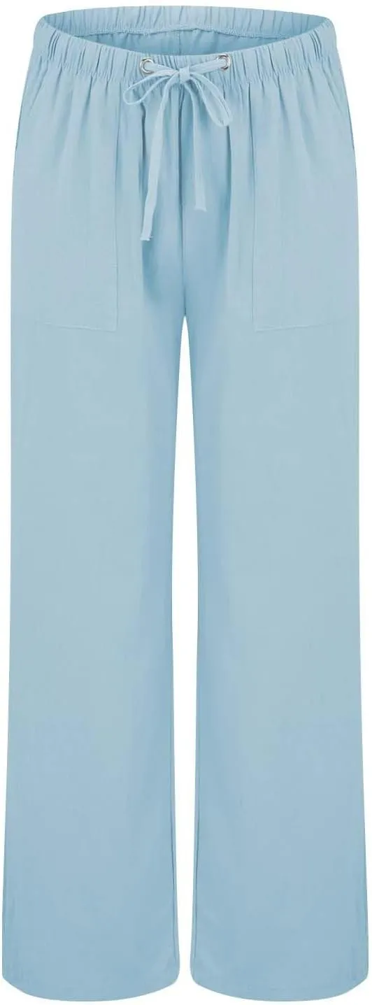 Linen Summer Pants Women Casual Elastic High Waisted Wide Leg Loose Comfy Trousers with Pockets Linen Clothing