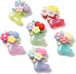 LiQunSweet 50 pcs Mixed Styles Flower Rain Boots Resin Cabochons Spring Floral Pumpkin No Hole Beads for DIY Jewelry Making Embellishment Craft Bag Shoe
