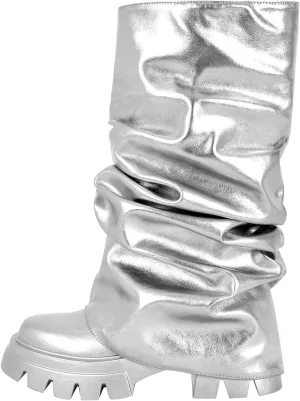 LISHAN Women's Platform Block Heels Mid Calf Slouchy Fold Down Boots