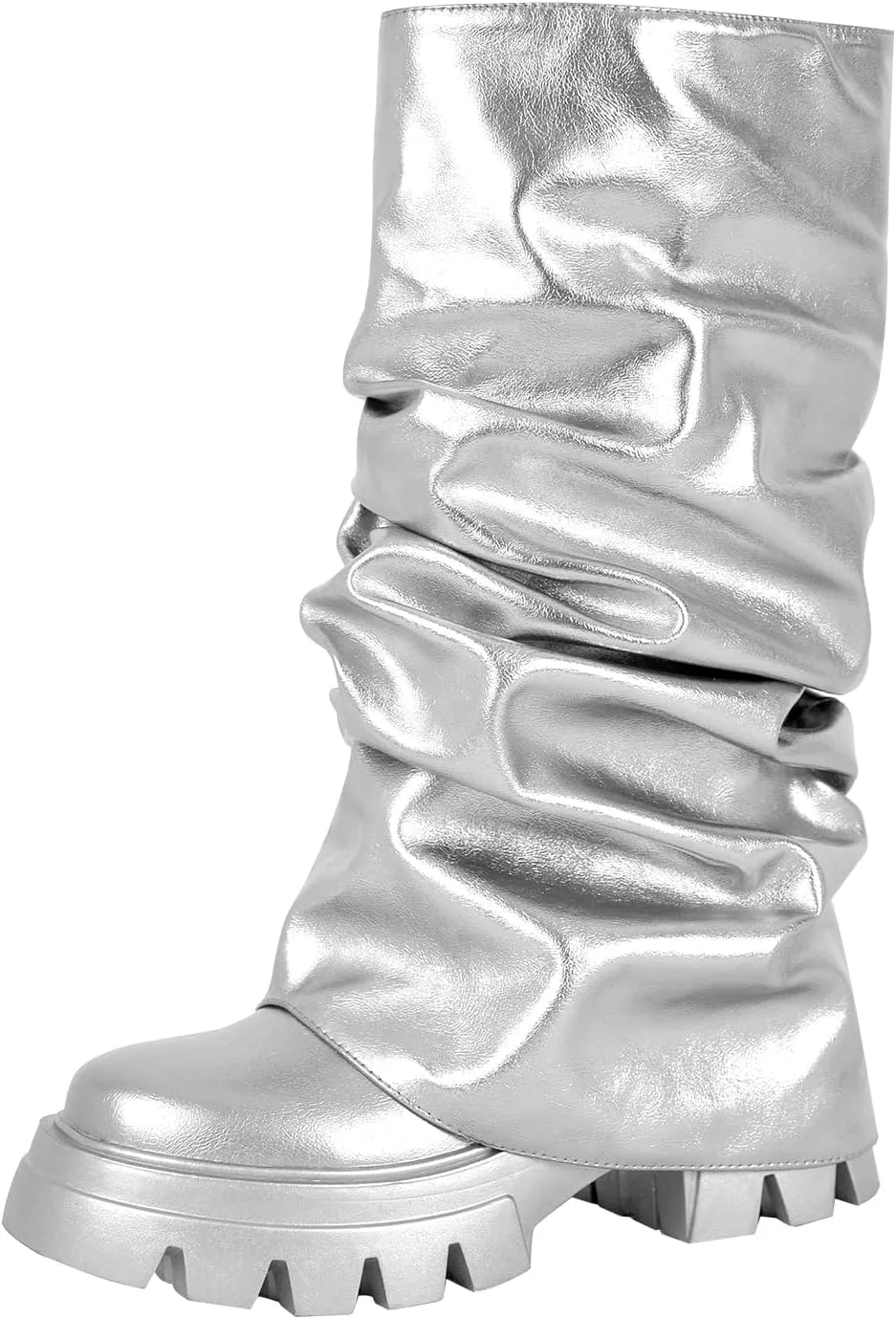 LISHAN Women's Platform Block Heels Mid Calf Slouchy Fold Down Boots