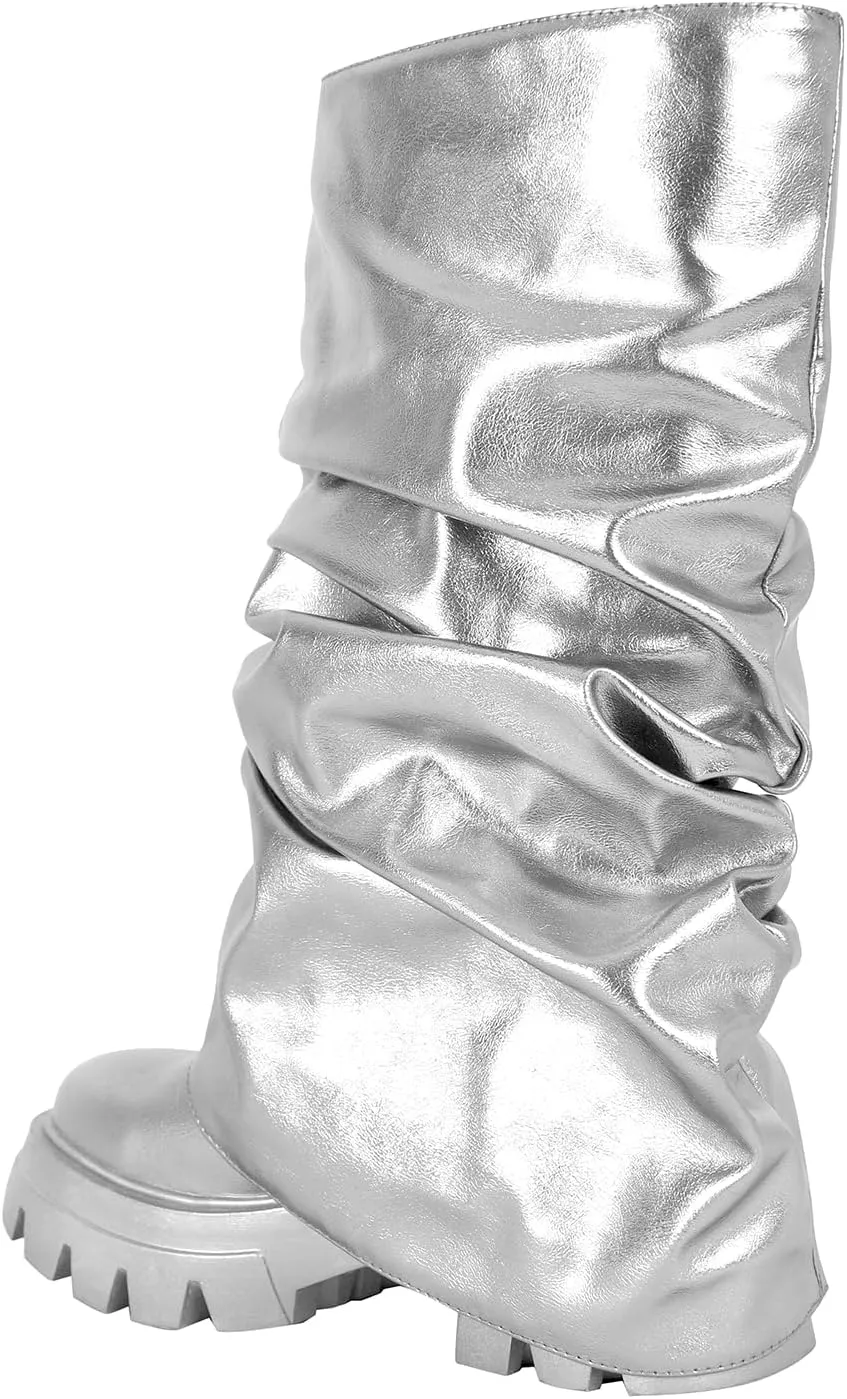 LISHAN Women's Platform Block Heels Mid Calf Slouchy Fold Down Boots