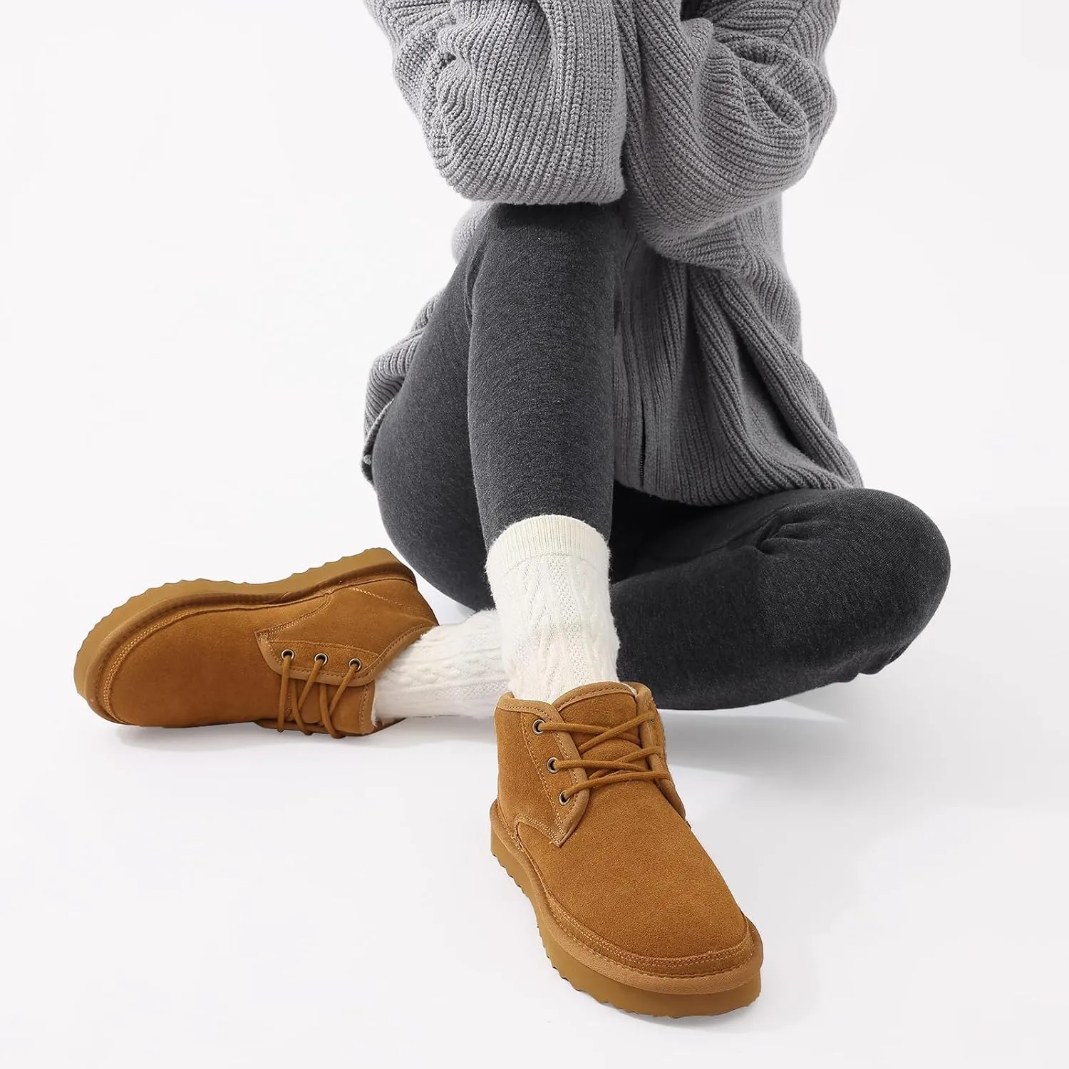 Litfun Fur Lined Ankle Boots for Women Genuine Suede Mini Booties Short Lace Up Snow Boots