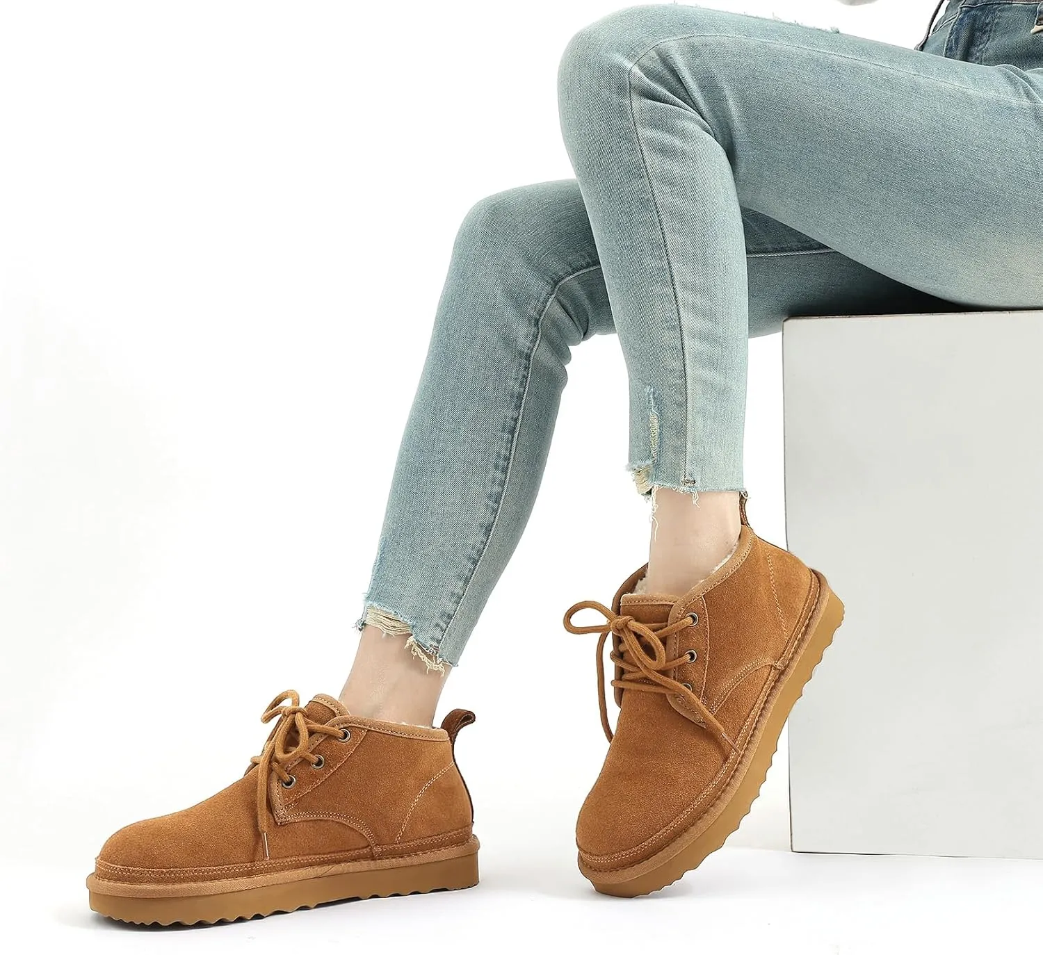 Litfun Fur Lined Ankle Boots for Women Genuine Suede Mini Booties Short Lace Up Snow Boots