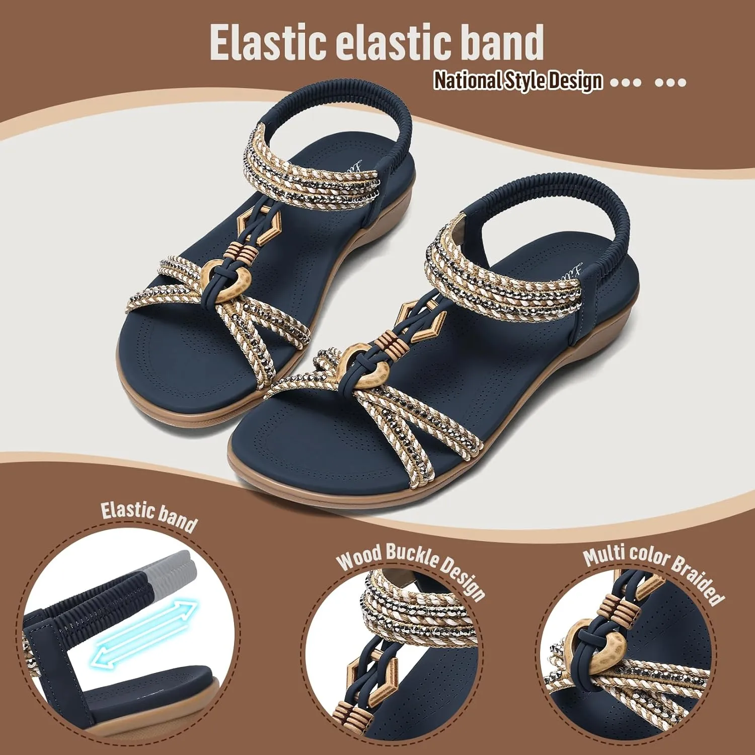 Littleplum Womens Sandals Arch Support Summer Flat Slides Ankle Elastic Walking Shoes Braided Beach Dressy Sandals for Women