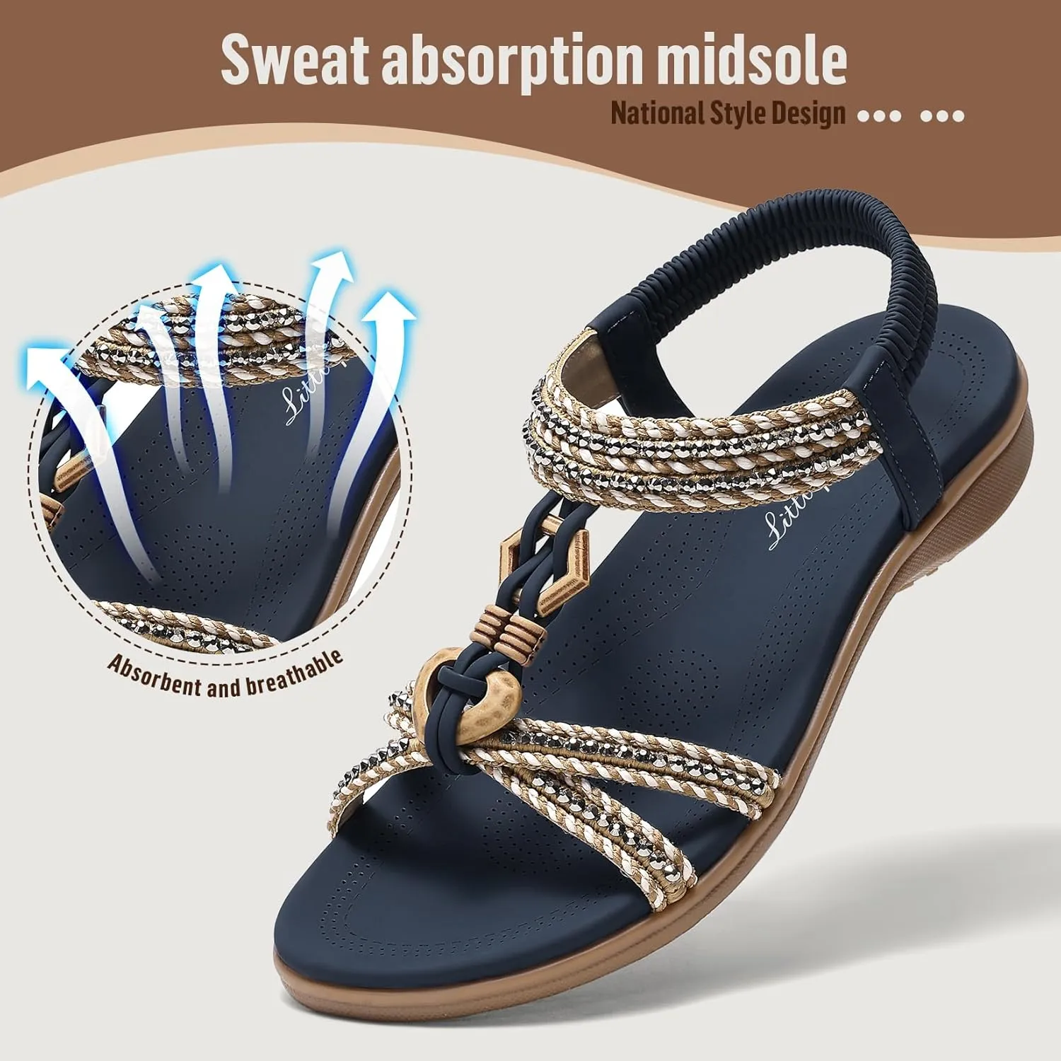 Littleplum Womens Sandals Arch Support Summer Flat Slides Ankle Elastic Walking Shoes Braided Beach Dressy Sandals for Women