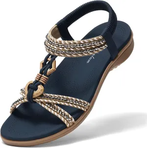 Littleplum Womens Sandals Arch Support Summer Flat Slides Ankle Elastic Walking Shoes Braided Beach Dressy Sandals for Women