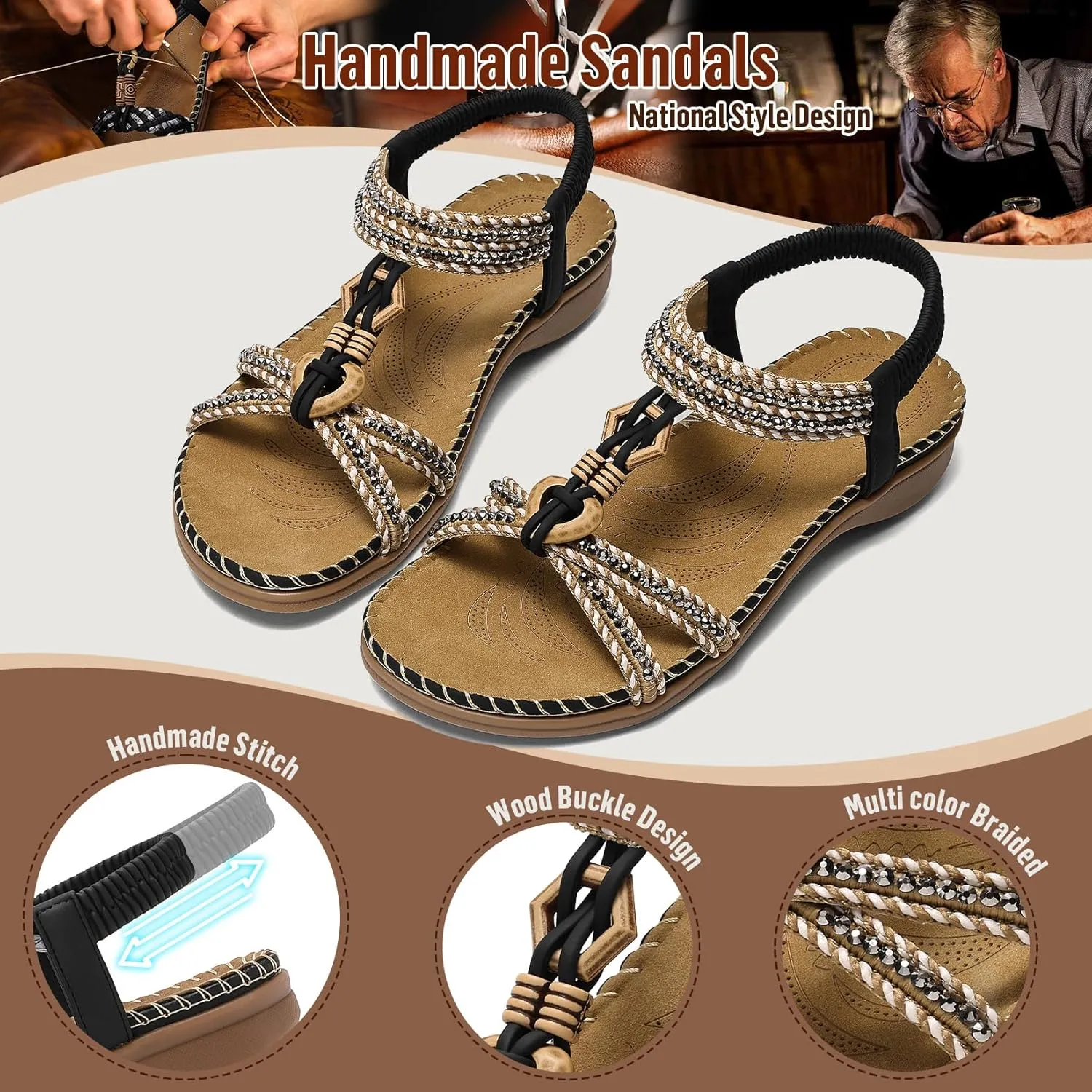 Littleplum Womens Sandals Arch Support Summer Flat Slides Ankle Elastic Walking Shoes Braided Beach Dressy Sandals for Women