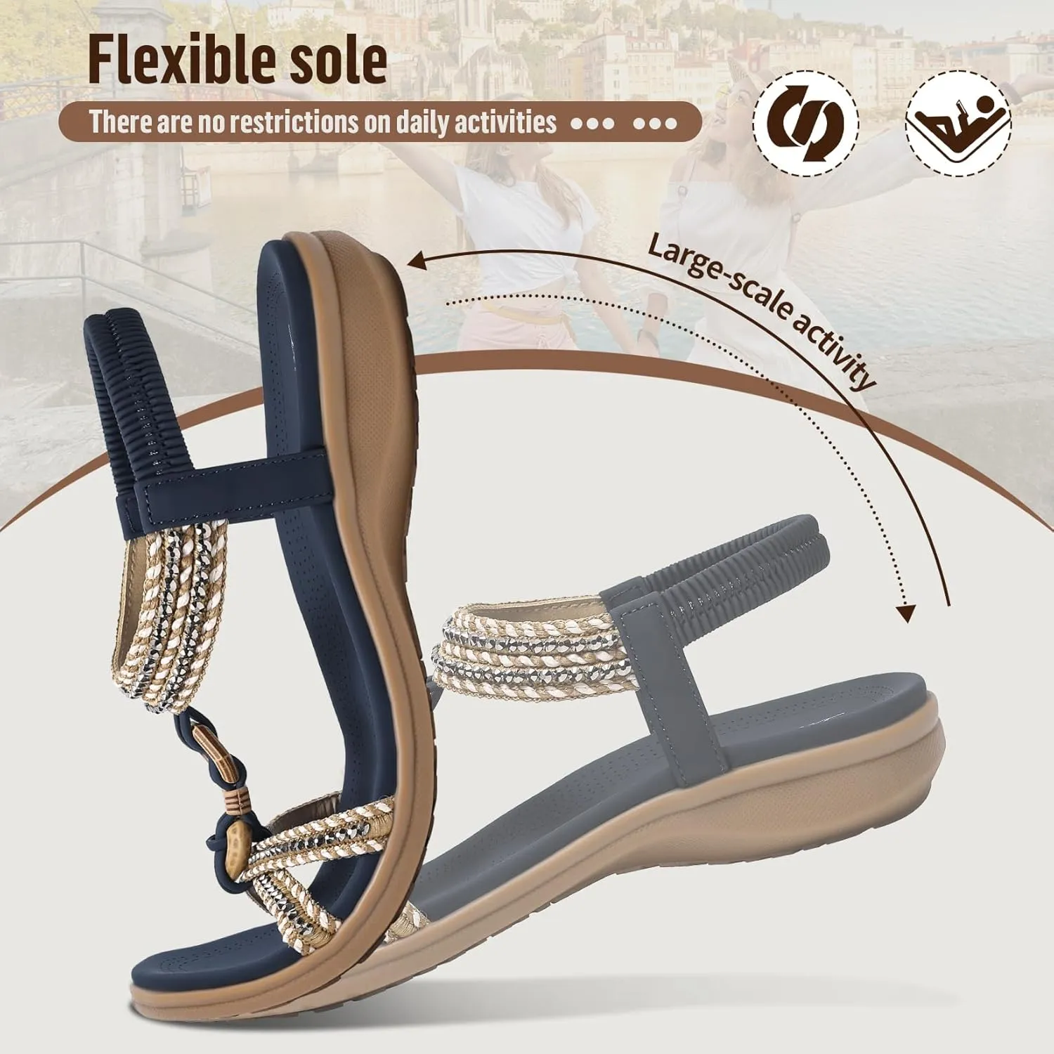 Littleplum Womens Sandals Arch Support Summer Flat Slides Ankle Elastic Walking Shoes Braided Beach Dressy Sandals for Women