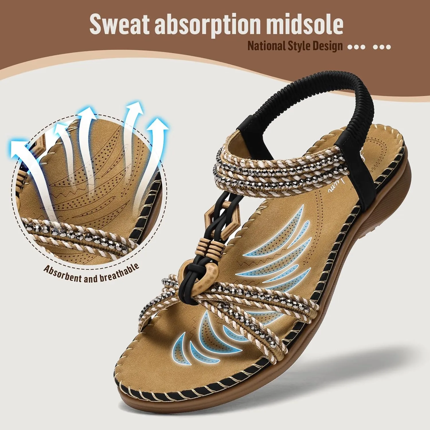 Littleplum Womens Sandals Arch Support Summer Flat Slides Ankle Elastic Walking Shoes Braided Beach Dressy Sandals for Women