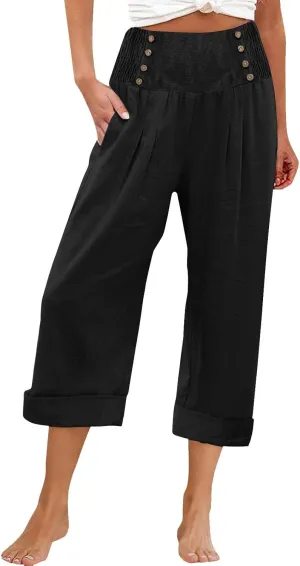 Long Linen Pants for Women Tall Solid Color Button Loose Casual Pants Tailored Linen Pants for Women