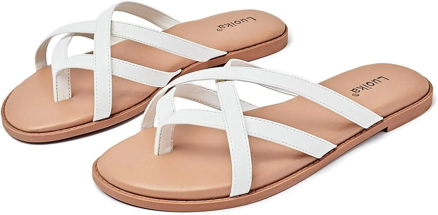 Luoika Women's Wide Width Flat Sandals, Flip Flop Slides Sandal Casual Strapy Sandal Slip on Summer Beach Shoes for Women.