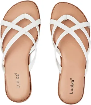 Luoika Women's Wide Width Flat Sandals, Flip Flop Slides Sandal Casual Strapy Sandal Slip on Summer Beach Shoes for Women.
