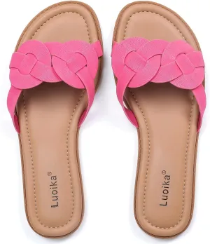 Luoika Women's Wide Width Flat Slides Sandals, Casual Comfortable Summer Beach Shoes Slip on Slide Sandal for Women.