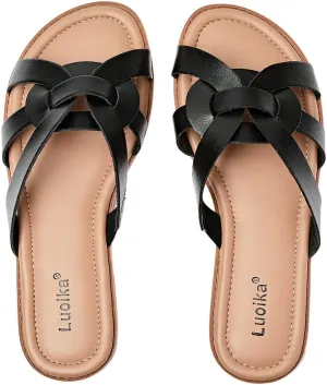 Luoika Women's Wide Width Flat Slides Sandals, Slip on Slide Sandal Casual Comfortable Summer Beach Shoes for Women.