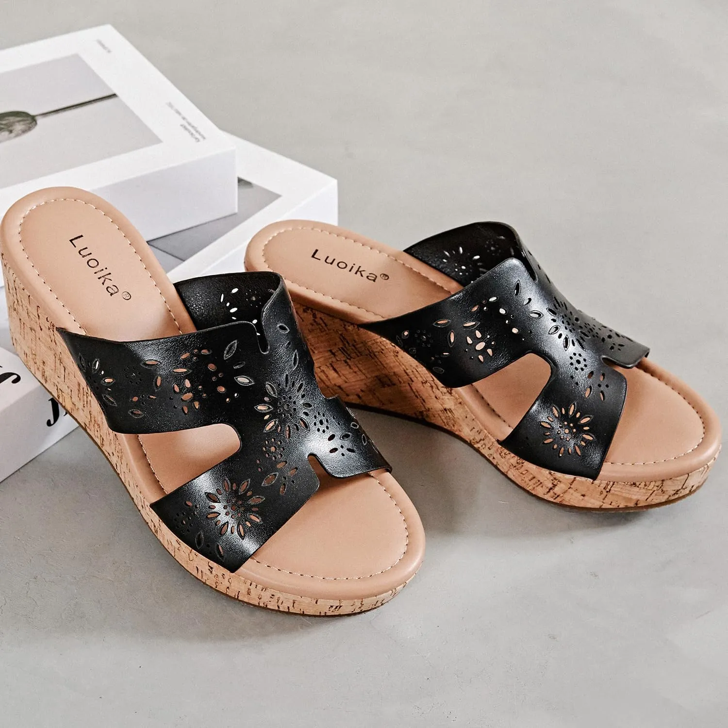 Luoika Women's Wide Width Wedge Slides Sandals, Slip on Plateform Wedge Pump Heel Casual Summer Sandals for Women.