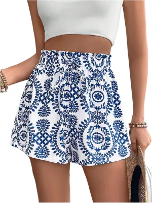 MakeMeChic Women's Floral Print Shorts Paperbag Waist Wide Leg Summer Boho Shorts