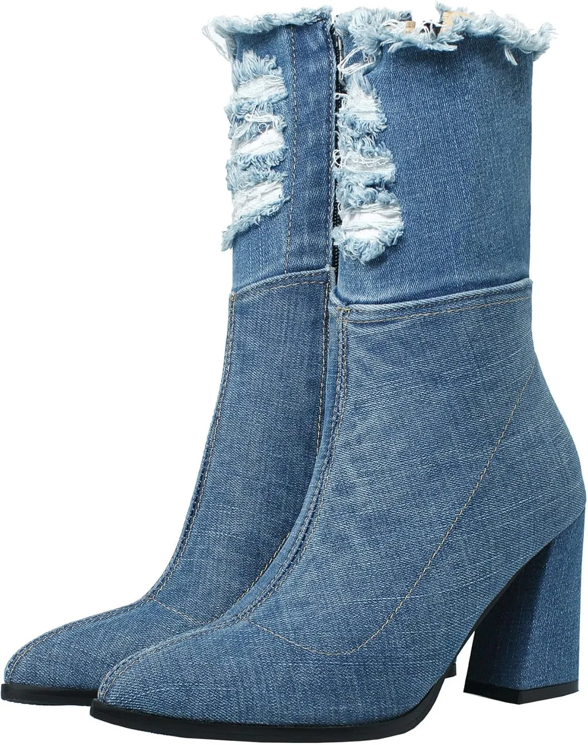 MAVMAX Denim Ankle Boots for Women Pointed Toe Chunky High Heel Jeans Denim Blue Short Mid Calf Booties with Side Zipper