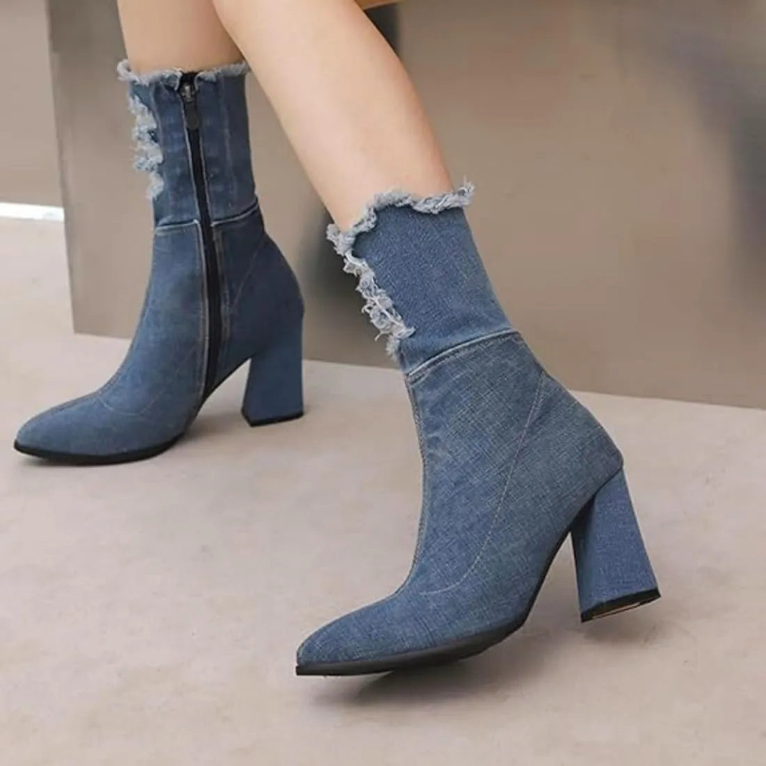 MAVMAX Denim Ankle Boots for Women Pointed Toe Chunky High Heel Jeans Denim Blue Short Mid Calf Booties with Side Zipper