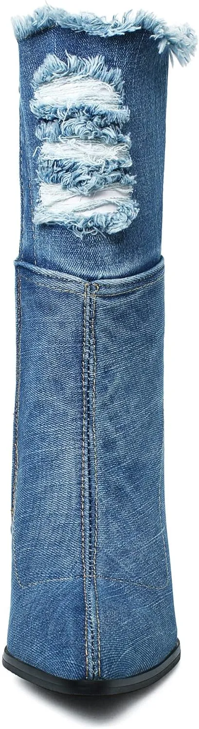 MAVMAX Denim Ankle Boots for Women Pointed Toe Chunky High Heel Jeans Denim Blue Short Mid Calf Booties with Side Zipper