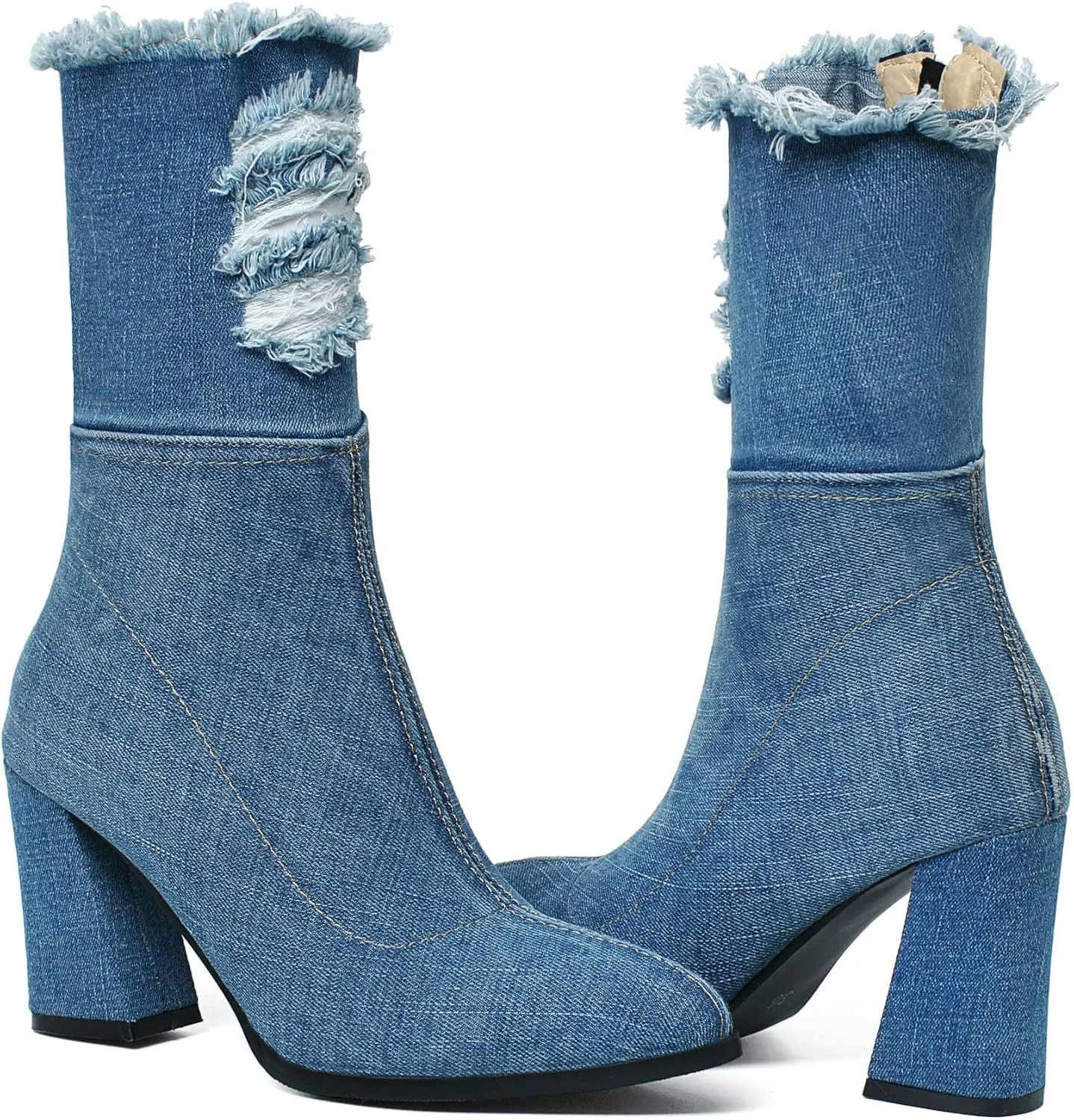 MAVMAX Denim Ankle Boots for Women Pointed Toe Chunky High Heel Jeans Denim Blue Short Mid Calf Booties with Side Zipper