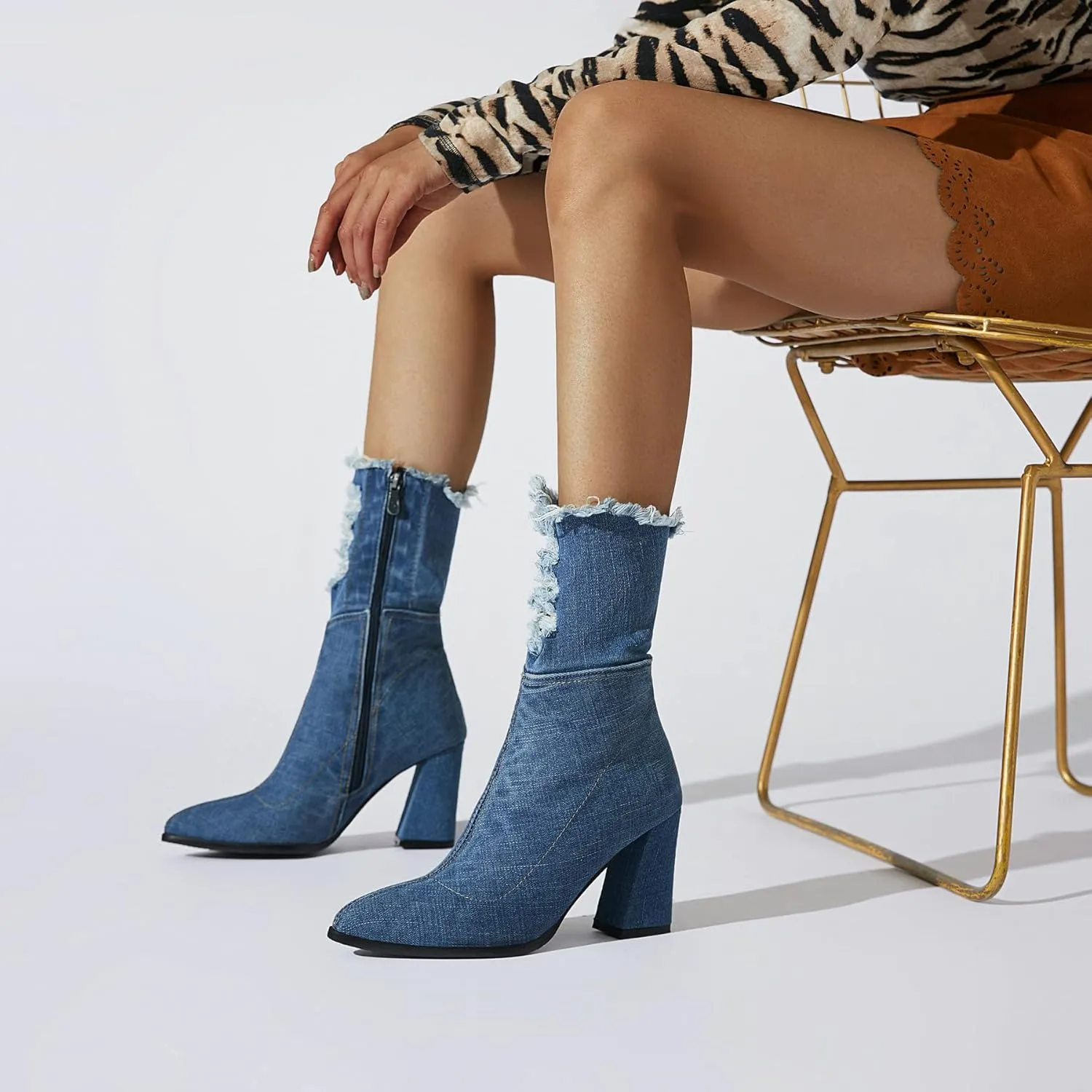 MAVMAX Denim Ankle Boots for Women Pointed Toe Chunky High Heel Jeans Denim Blue Short Mid Calf Booties with Side Zipper