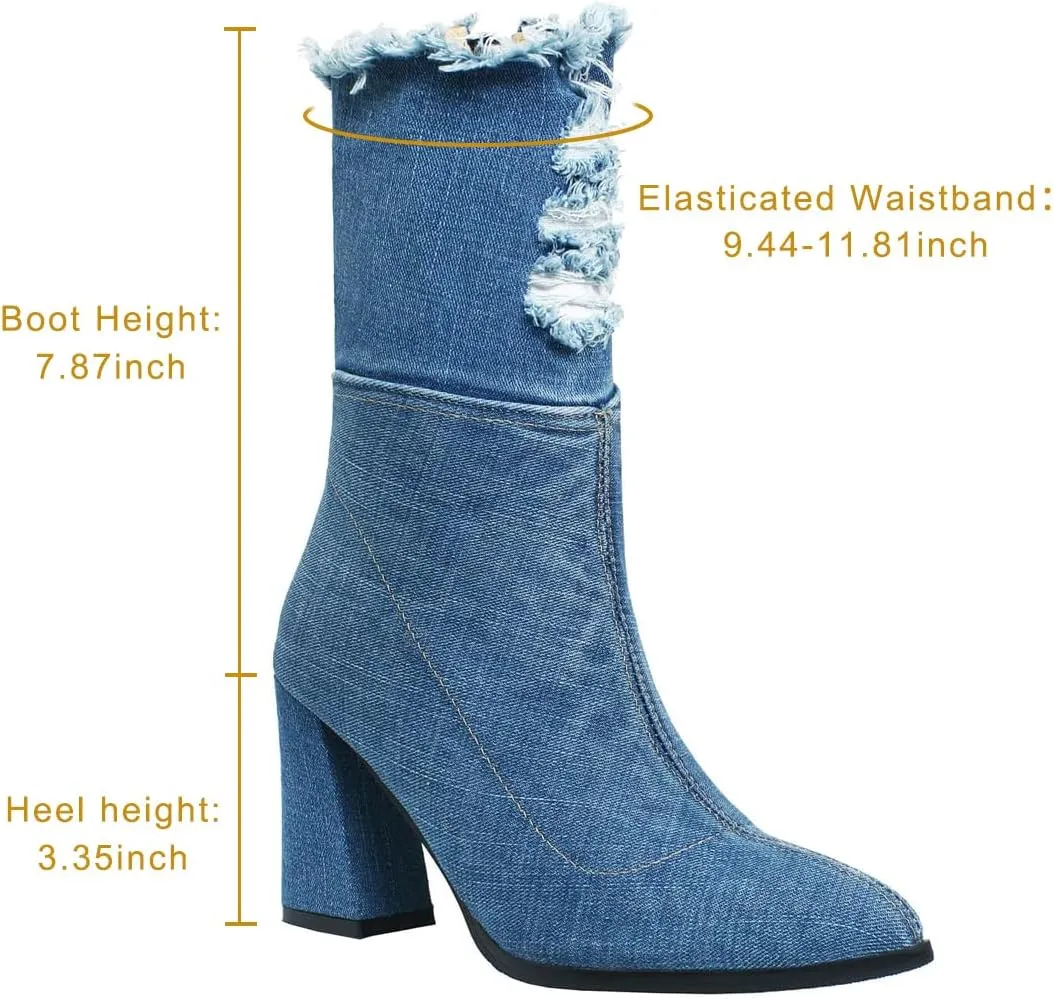 MAVMAX Denim Ankle Boots for Women Pointed Toe Chunky High Heel Jeans Denim Blue Short Mid Calf Booties with Side Zipper