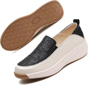 MEBAMY Women's Leather Soft Slip-On Loafers,Round Toe Platform Casual Sneakers,Non-Slip Heighten Low Top Comfortable Walking Loafers Black