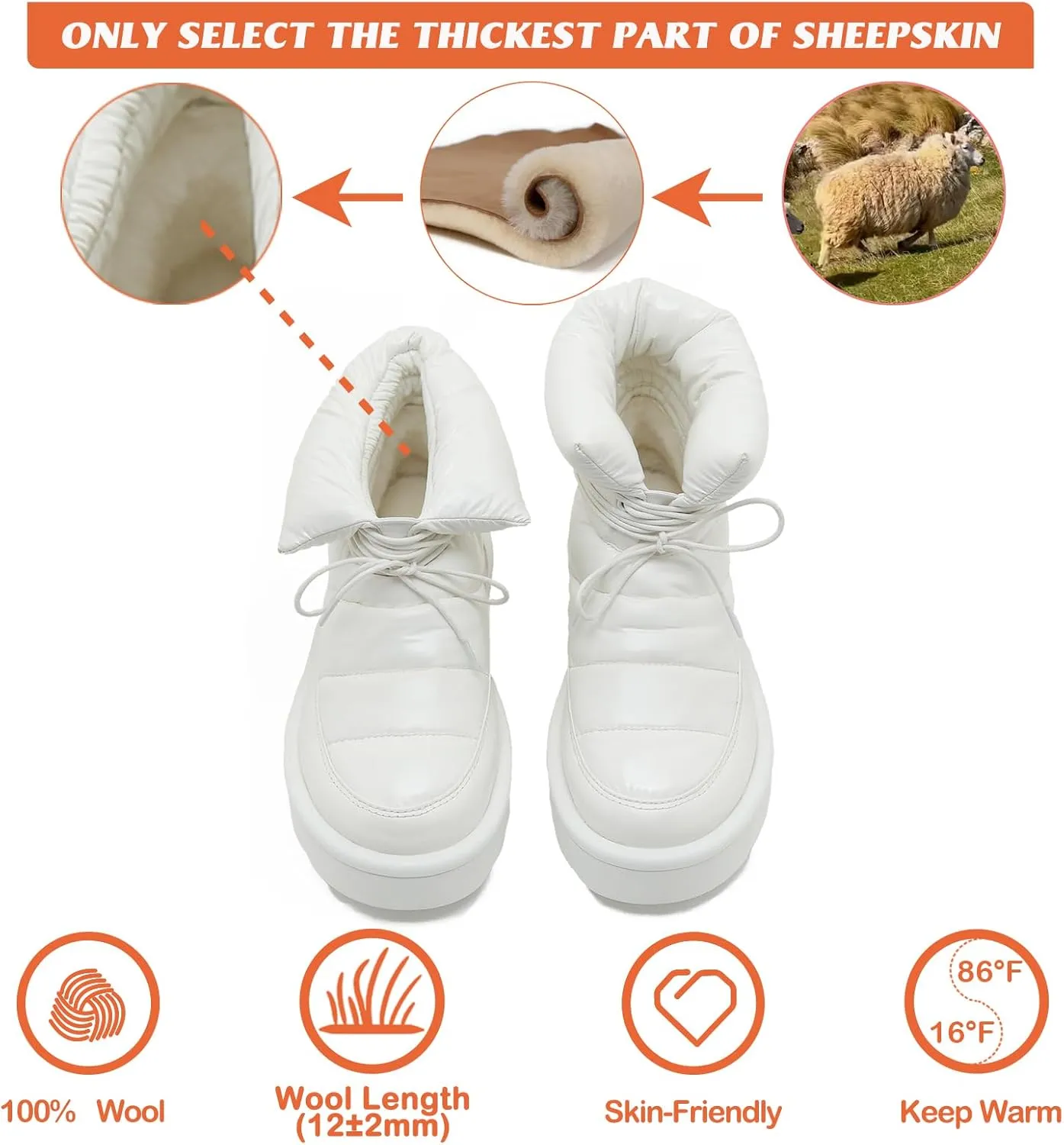 Mel&Syd 100% Australian Sheepskin Women Snow Boots - Waterproof Fur Lined Shearling Boots - Warm Insulated Lace Up Elastic Belt Mini Boots with Memory Foam Rubber Non-Slip Fashionable Walking Shoes