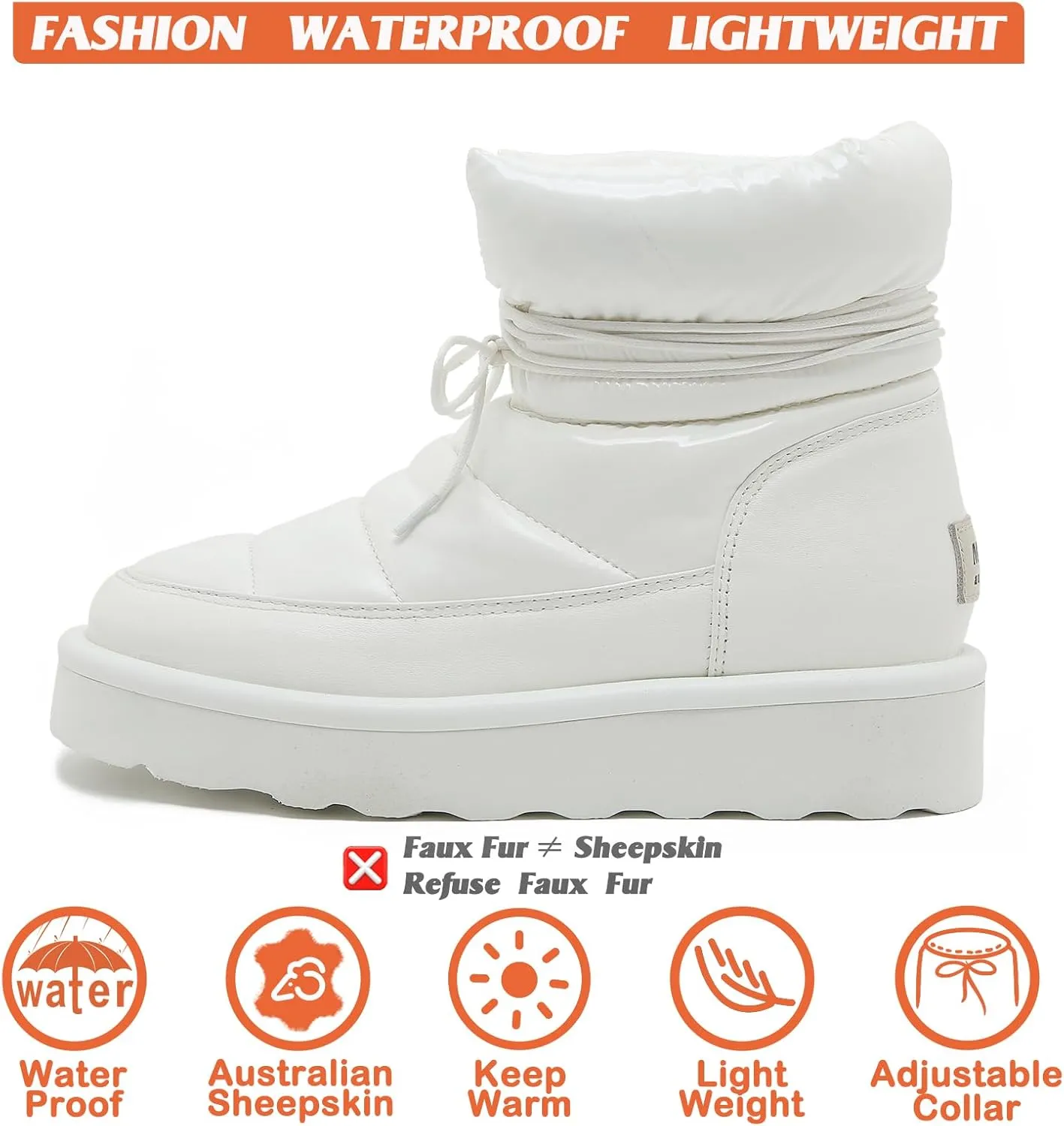 Mel&Syd 100% Australian Sheepskin Women Snow Boots - Waterproof Fur Lined Shearling Boots - Warm Insulated Lace Up Elastic Belt Mini Boots with Memory Foam Rubber Non-Slip Fashionable Walking Shoes
