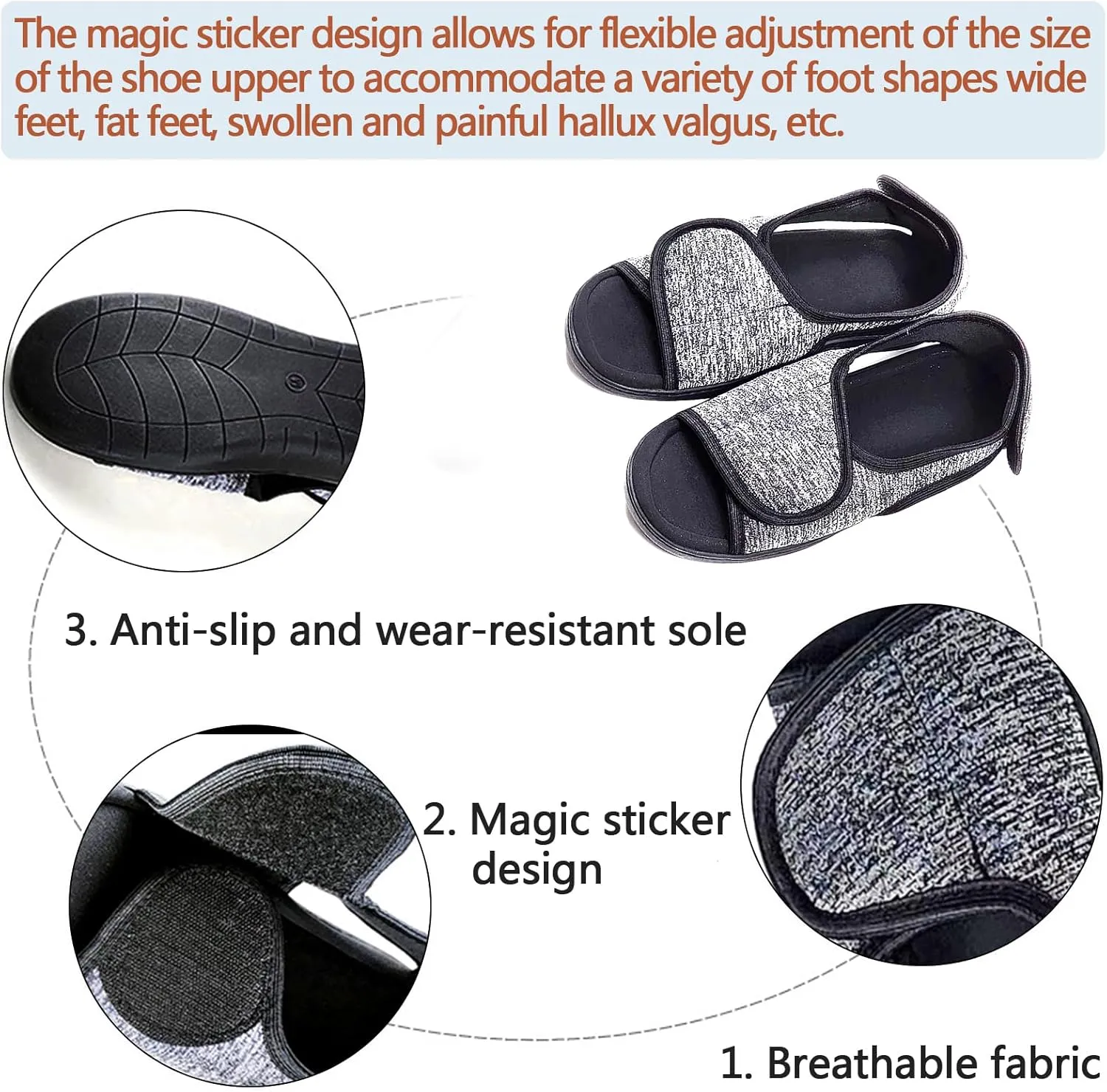 Men Women Diabetic Shoes, Extra Wide Width Open Toe Sandals, Adjustable Magic Stickers for Wide Feet, Foot Diseases, Arthritis, Swollen Feet