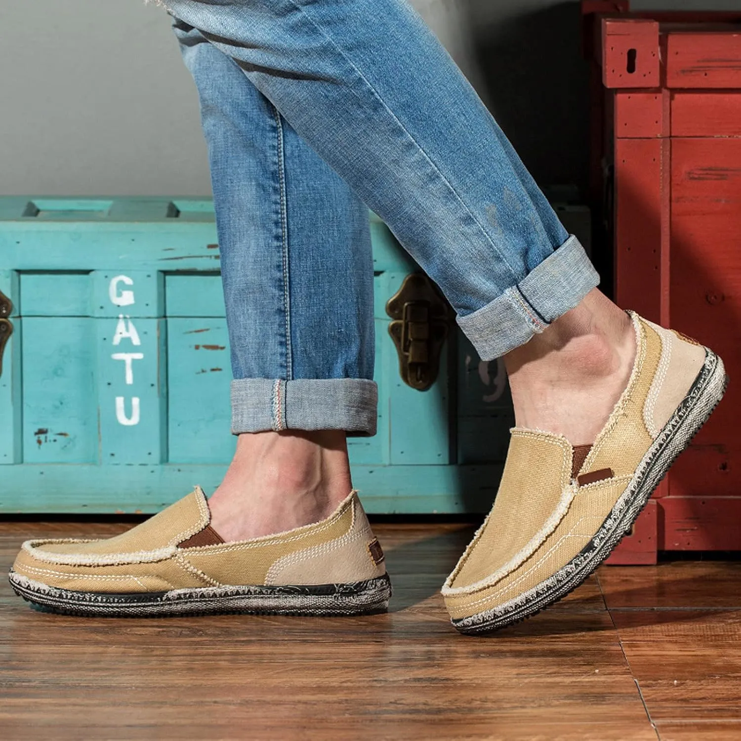 Men's Canvas Slip on Loafers Lightweight Breathable Cloth Shoes Vintage Boat Shoes Casual Flat Loafer Outdoor Walking Sneakers