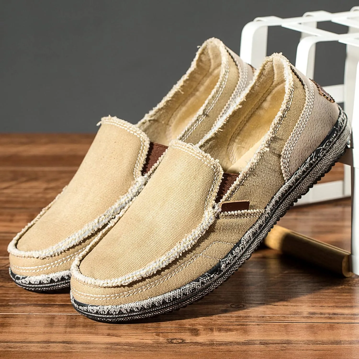 Men's Canvas Slip on Loafers Lightweight Breathable Cloth Shoes Vintage Boat Shoes Casual Flat Loafer Outdoor Walking Sneakers