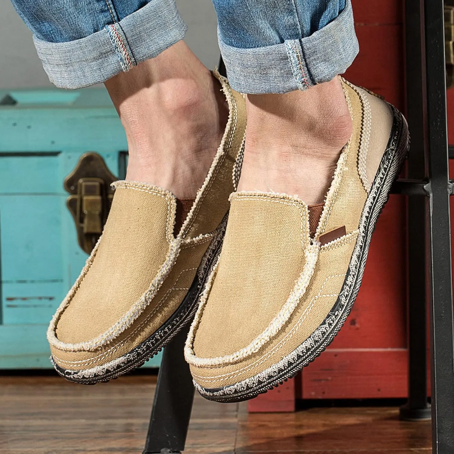 Men's Canvas Slip on Loafers Lightweight Breathable Cloth Shoes Vintage Boat Shoes Casual Flat Loafer Outdoor Walking Sneakers