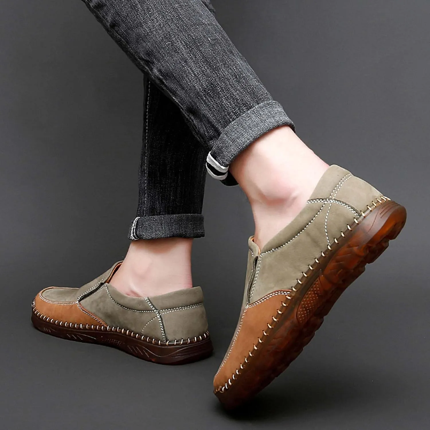 Men's Classic Business Slip On Loafers Hand Sewn Men's Shoes Non Slip Wear-Resistant Oxford Shoes Lightweight Soft Casual Leather Shoes Brown